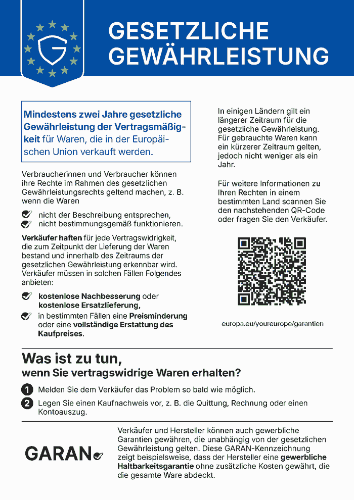 Deine gesetzlichen Gewährleistungsrechte: Mindestens zwei Jahre gesetzliche Gewährleistung der Vertragsmäßigkeit für Waren, die in der Europäischen Union verkauft werden.