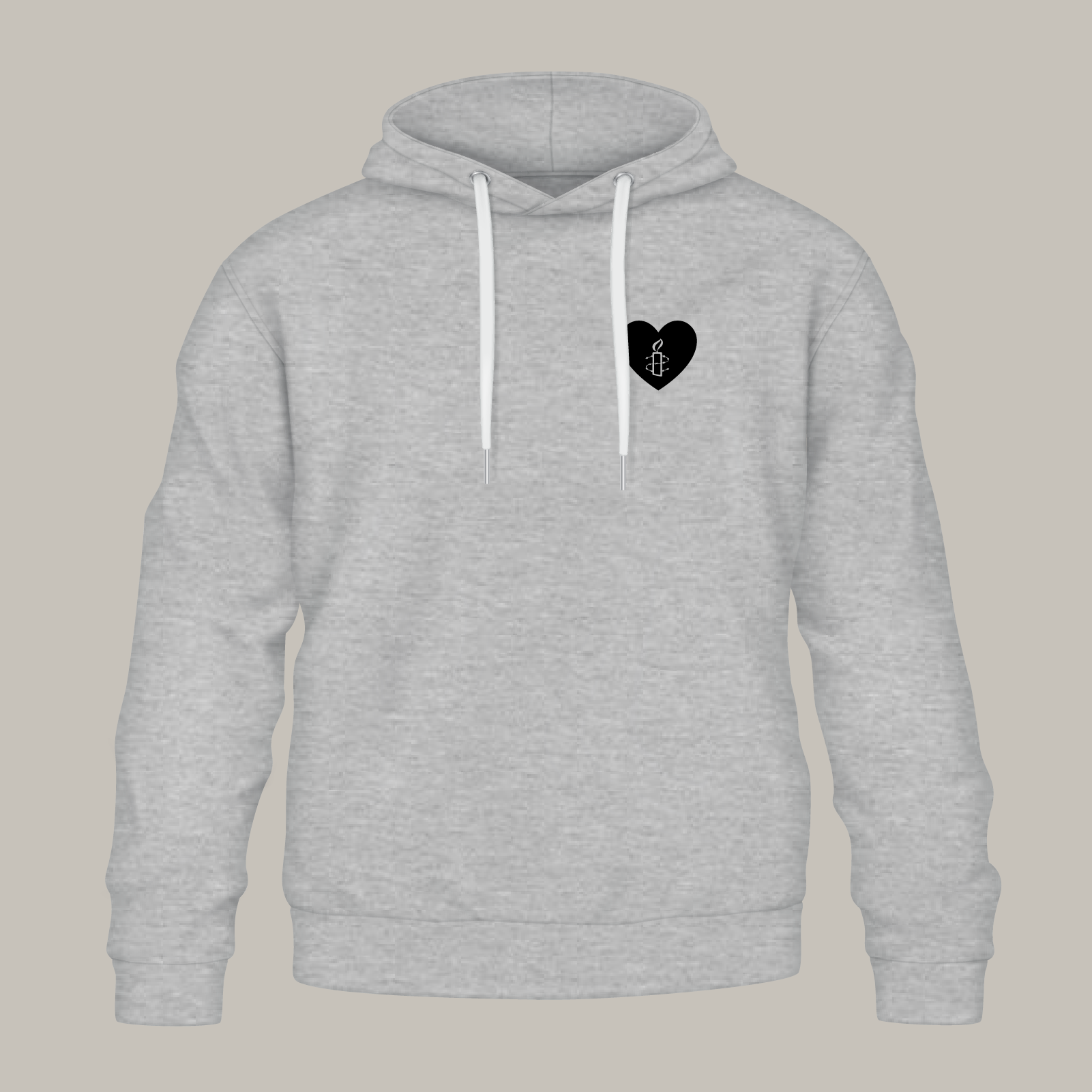 Grau melierter Hoodie, auf der Brust ein kleines Herz mit der Amnesty-Kerze