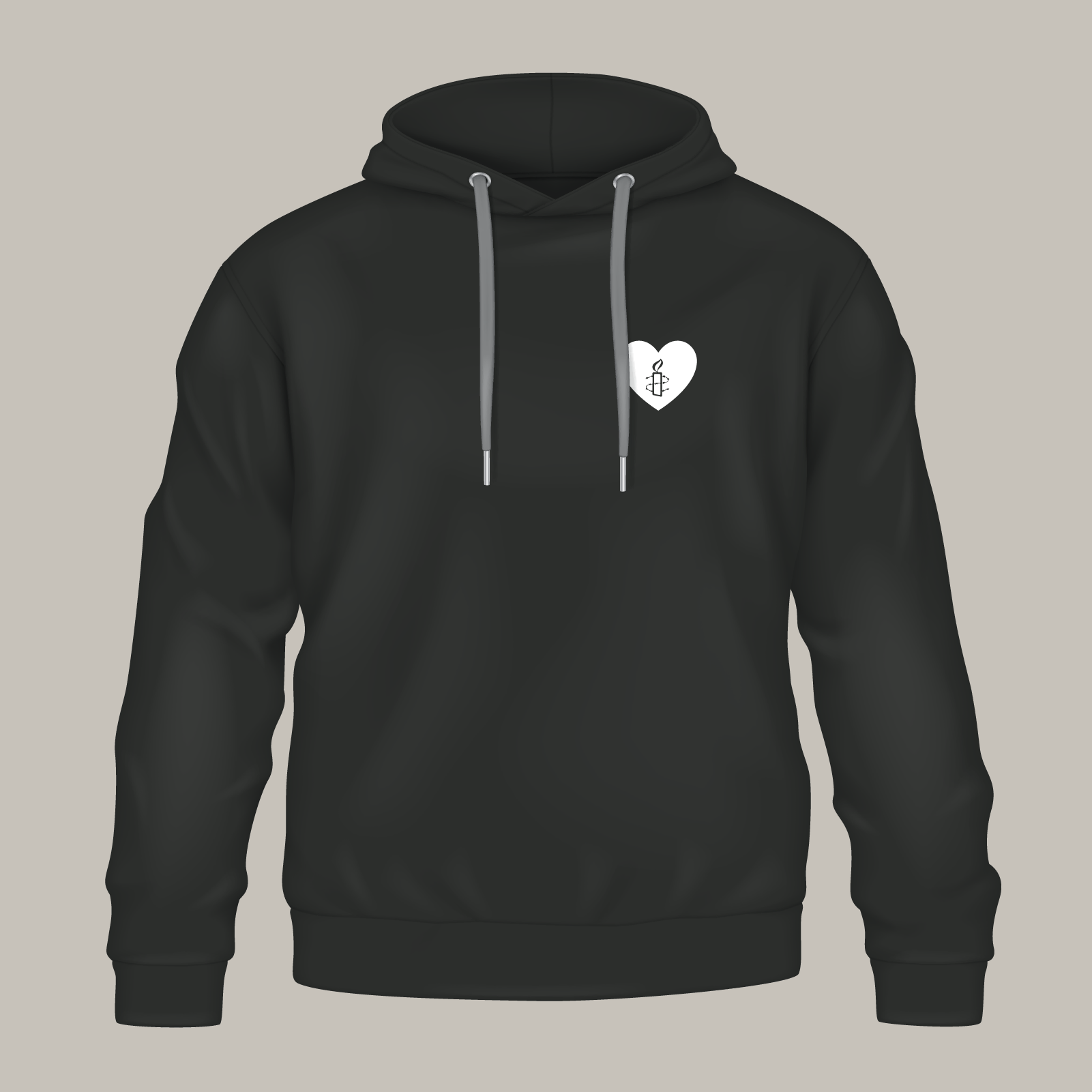 Schwarzer Hoodie, auf der Brust ein kleines Herz mit der Amnesty-Kerze