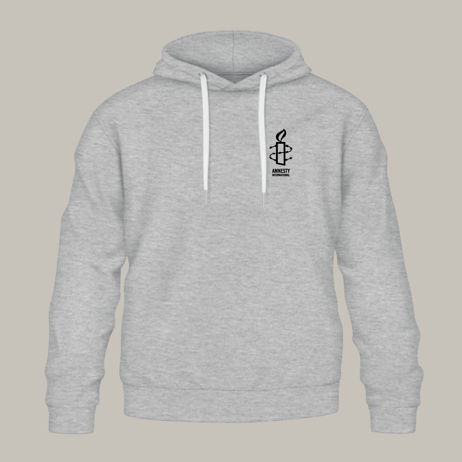 Grau melierter Hoodie, auf der Brust das Amnesty-Logo mit der Kerze
