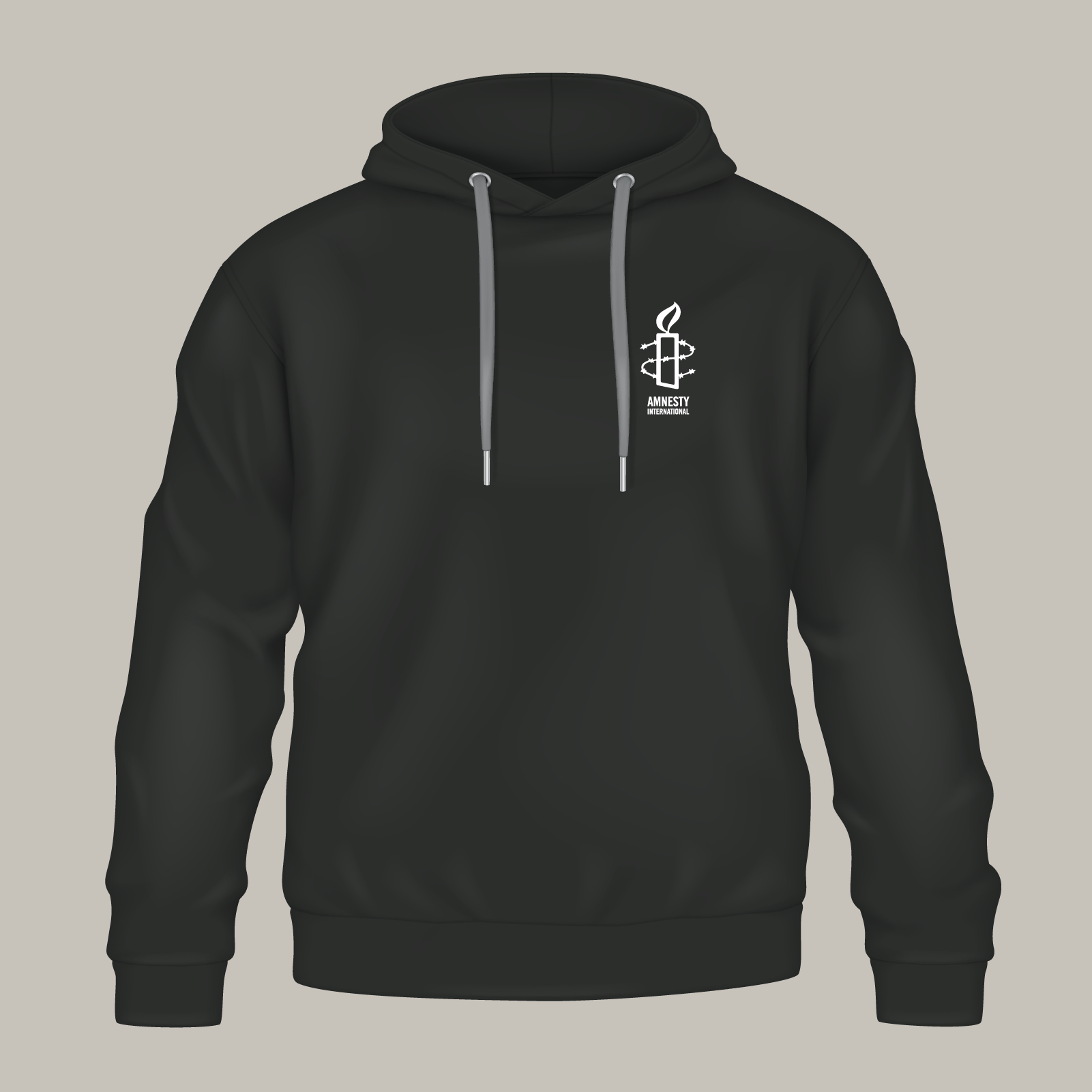 Schwarzer Hoodie, auf der Brust das Amnesty-Logo mit der Kerze