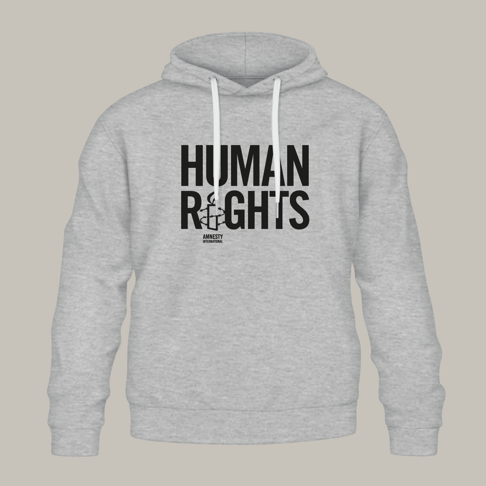 Grau melierter Hoodie, vorne der Aufdruck „Human Rights“