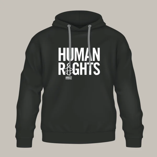Schwarzer Hoodie, vorne der Aufdruck „Human Rights“