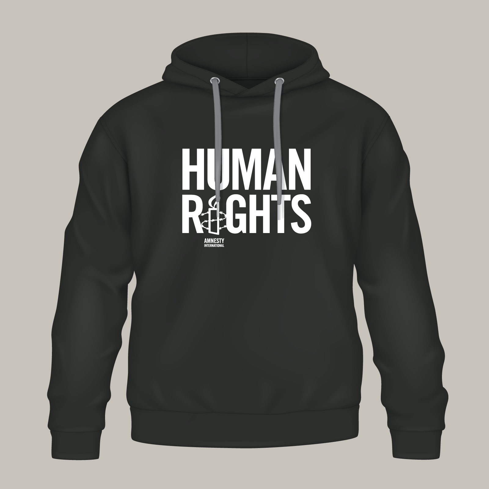 Schwarzer Hoodie, vorne der Aufdruck „Human Rights“