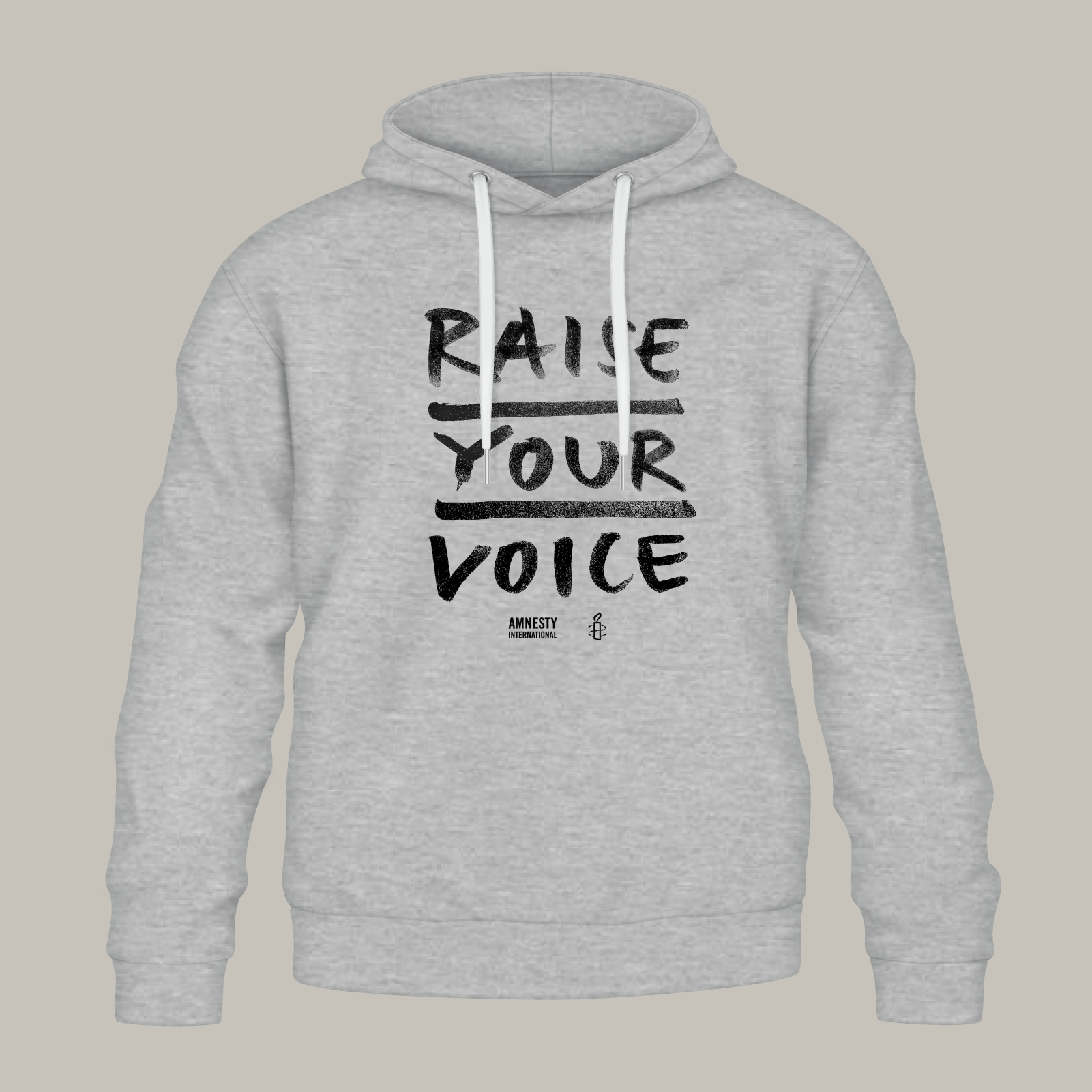 Grau melierter Hoodie, vorne der Aufdruck „Raise Your Voice“