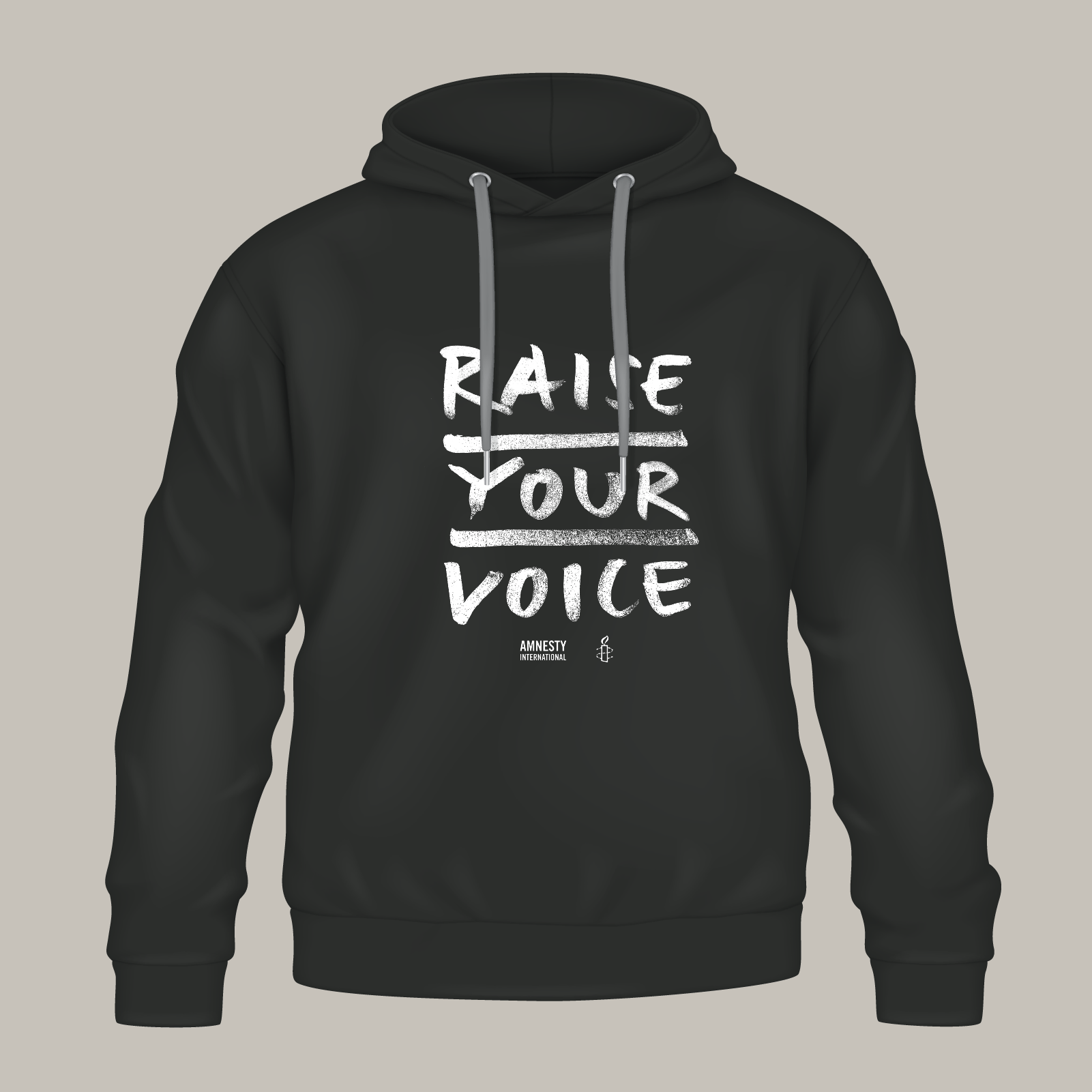 Schwarzer Hoodie, vorne der Aufdruck „Raise Your Voice“