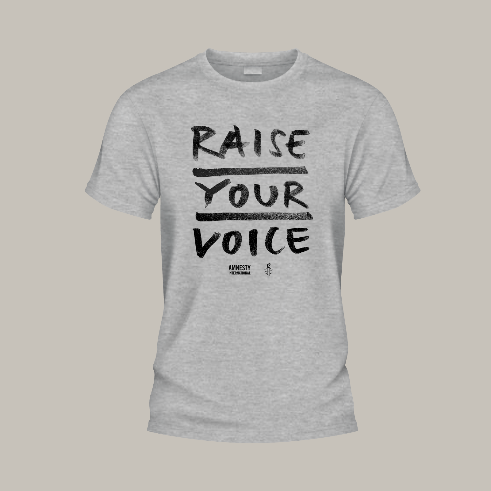 Grau meliertes T-Shirt, vorne der Aufdruck „Raise Your Voice“